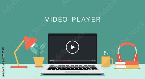 video media player icon on laptop computer concept, vector flat design illustration