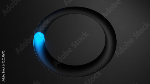 Glowing ball rolling in circular gutter. Minimal background with illuminated blue sphere. Conceptual dark 3d render illustration backdrop