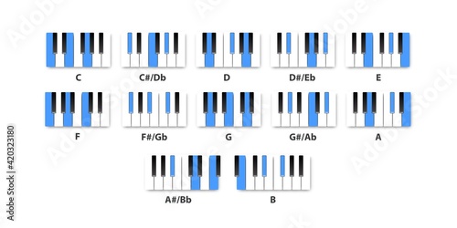 Vector realistic isolated piano Major chords for musical education on the white background.