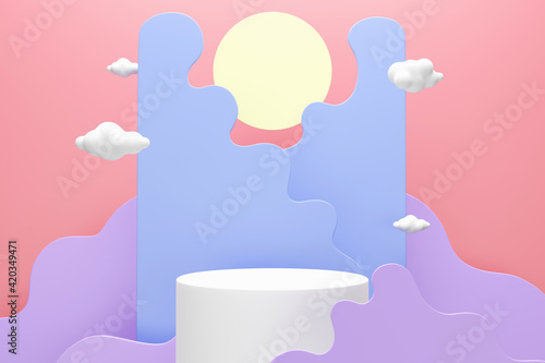 White podium whit abstract clouds and moon, Space for text or product advertising, 3d render