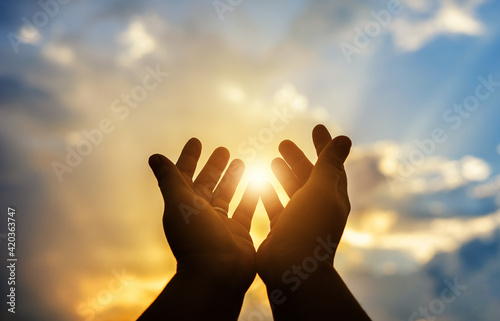 Human hands open palm up worship. Eucharist Therapy Bless God Helping Repent Catholic Easter Lent Mind Pray. Christian Religion concept background. fighting and victory for god