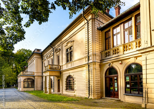 New Zywiec Castle, main south-western wing of Habsburgs Palace within historic park in Zywiec old town city center in Silesia region of Poland