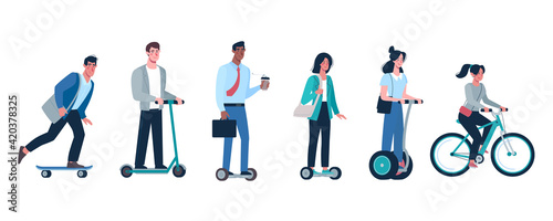 Vector Eco friendly alternative vehicles set. People, men and women ride modern electric scooter, gyroboard, skateboard, bicycle.