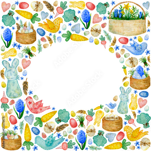 Watercolor Easter frame (basket with flowers, hyacinth, felt birds, hearts, vegetables and bunny, Easter eggs, grass). Handmade home decor. Isolated on white. Perfect for Easter card, poster