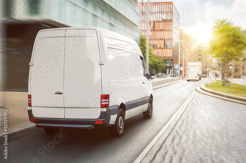 Cargo van driving in the city