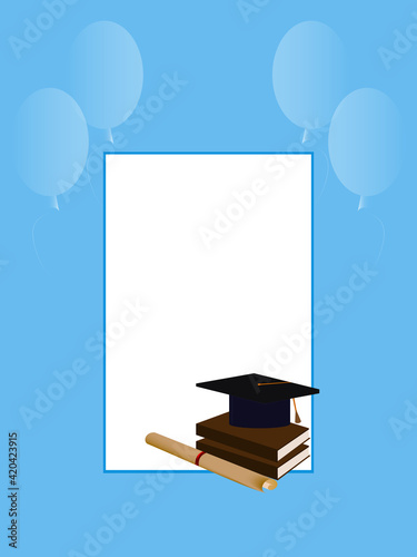 blue background for congratulations to the university, school, books, hat, diploma