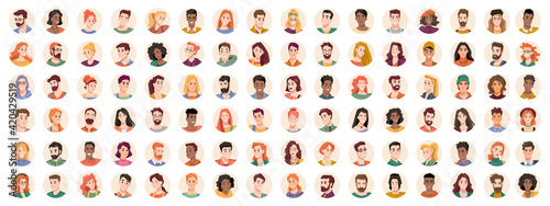 Portraits and avatars of people, male and female expressing emotions. Laughter and joy, smile and calmness. Diversity of personages, multiethnic society. Cartoon characters, vector in flat style