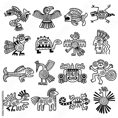 Ancient tribal logo. Mexican aztec icons animals decoration mayan pattern recent vector collection