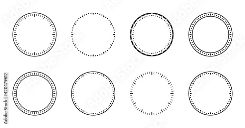 Clock face. Dial of watch. Circles of clock faces for time. Simple graphic icon isolated on white background. Design of outline of watch for wall. Modern blank timer. Silhouette of stopwatch. Vector