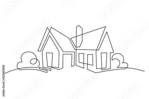 Abstract country house in continuous line art drawing style. Family home minimalist black linear design isolated on white background. Vector illustration