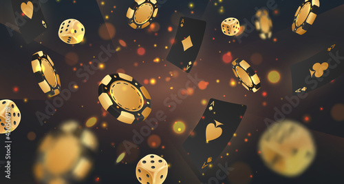 Falling golden poker chips, tokens, dices, playing cards on black with gold lights, sparkles and bokeh. Vector illustration for casino, game design, advertising.