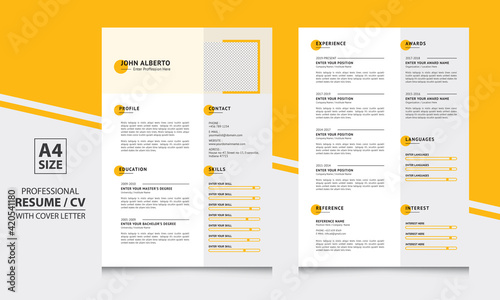John Alberto two page yellow color resume format cv template simple and clean design