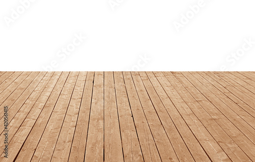 Wooden planks in the form of a pier or platform isolated on white background.