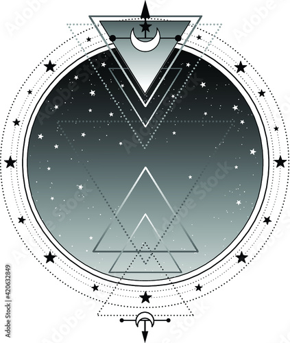 Monochrome background: night star sky, Sacred geometry. Place for the text. Alchemy, magic, esoteric, occultism. Vector illustration isolated on a white background. Print, poster, t-shirt, card.