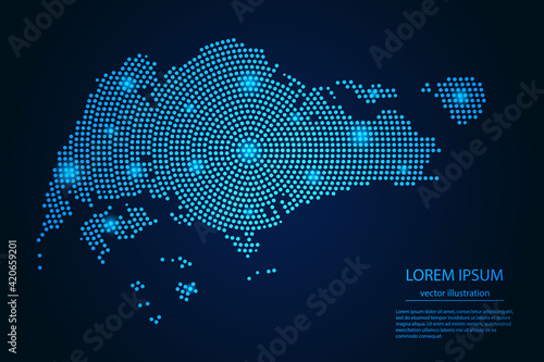 Abstract image Singapore map from point blue and glowing stars on a dark background. vector illustration.