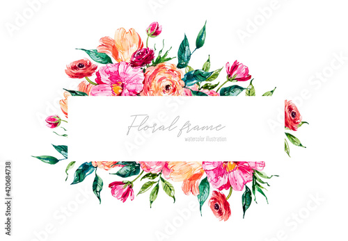Watercolor floral frame with pink peonies, ranunculus and tulips. Botanical hand drawn illustration. Flowers bouquet. Sketch. Vintage painting style. Template for creating invitations, cards