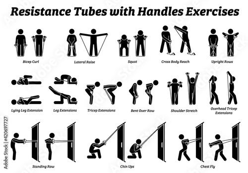 Resistance tubes band with handles exercises and stretch workout techniques in step by step. Vector illustrations of stretching exercises poses, postures, and methods with resistance tube band.
