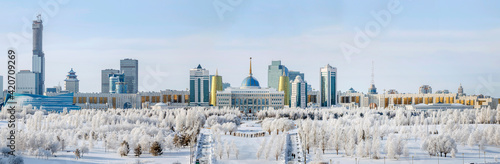 Kazakhstan, Nur-Sultan. The center of the left bank of modern Astana with the building of the presidential residence - Akorda. Winter panorama of the city.