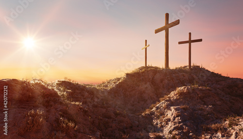 Crucifixion and Resurrection. Three crosses of Golgotha by sunset. Easter or Resurrection concept. He is Risen. Happy Easter.