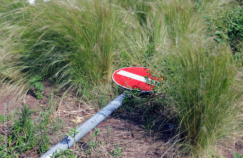 the red city road stop sign is knocked down and broken and lies in the thick green grass