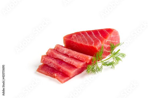 fresh yellowfin sliced tuna steak isolated on a white background. bluefin tuna medallions