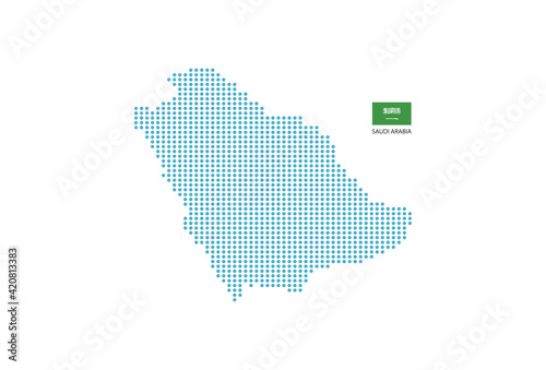 Saudi Arabia map design blue circle, white background with Saudi Arabia flag.