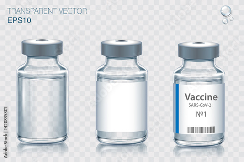 Collection of medical vaccine bottles. Transparent vector ampoule on light background
