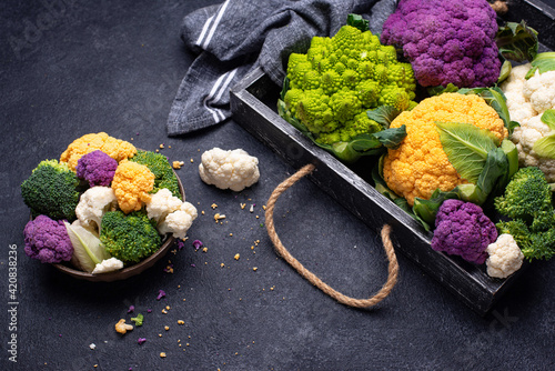 Purple, yellow, white and green color cauliflowers