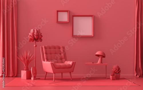 Gallery wall with 2 frames, in monochrome flat single dark red, maroon color room with furnitures and plants, 3d Rendering