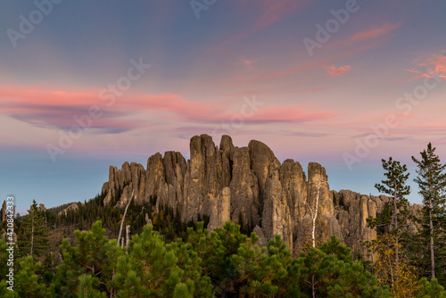 Landscape of Cathedral Spires at sunset, Custer State Park, Black Hills, South Dakota. A popular rock climbing destination.