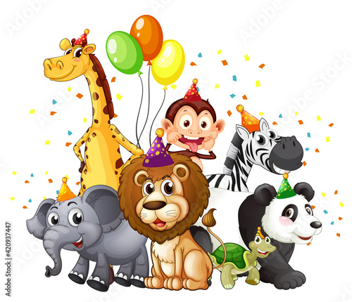 Group of wild animals with party theme isolated on white background