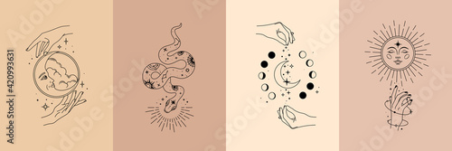Vector poster set of mystical magic objects- woman hands, moon, sun, stars, planets, snake. Trendy minimal style, line art. Spiritual occultism objects.