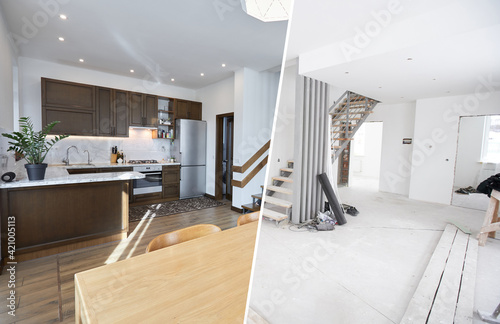 Home renovation concept. Before and after interior in modern style