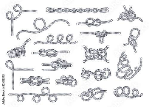 Sea rope knots and loops set. Marine rope and sailors ship knot, cord sailor borders, knot sail, package rope, looped string, nautical loop vector illustration