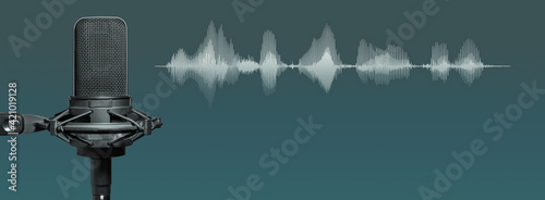 Studio microphone or mic recording with soundwaves on gradient background. Sound banner with copy space banner