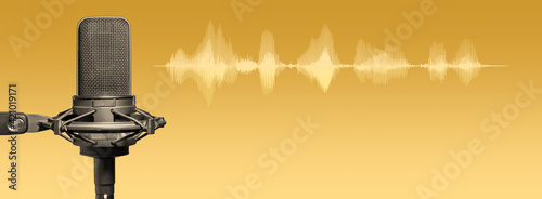 modern recording studio microphone with waveform on golden color background, music production, broadcasting or podcasting banner with copy space