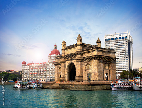 Gateway of India, famous hotel Mumbai Maharashtra monument landmark famous place magnificent view without people with copy space for advertising Mumbai city