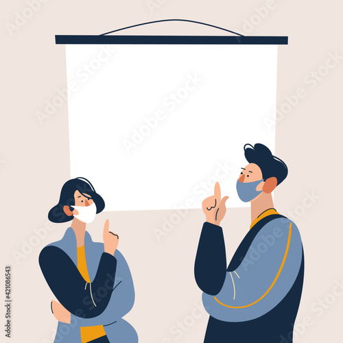 Man and woman wearing medical masks presenting in front of empty board. Concept of presentation, advertisement, conference. Flat vector illustration.