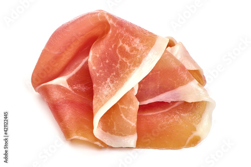 Italian prosciutto crudo or spanish jamon. Jerked meat, isolated on white background. High resolution image