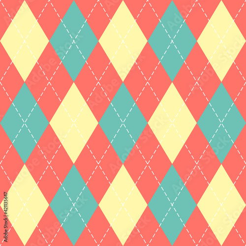 Easter Argyle plaid. Scottish pattern in red, blue and yellow rhombuses. Scottish cage. Traditional Scottish background of diamonds. Seamless fabric texture. Vector illustration