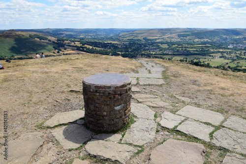 A Triangulation station or Trig Point at the top of Mam Tor in the Peak District, Derbyshire, UK - August, 2018