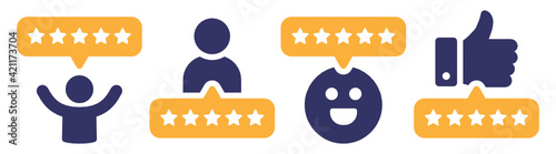 5 stars positive review of customer. Feedback with satisfaction rating. Survey about quality service. Concept of best ranking. Choose icon of excellent. Good result in business. Vector icons set.