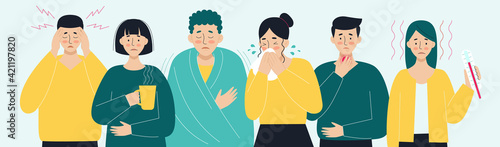 A set of sick people. Virus, headache, fever, cough, runny nose. The concept of viral diseases, coronavirus, epidemics, covid-19, colds. Illustration in flat style