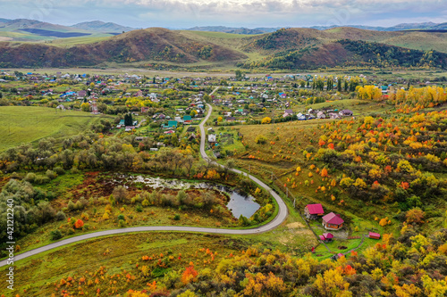 Altai mountains in autumn. Cherginsky ridge. Altayskoye village. Surroundings of Belokurikha resort. Aerial view.