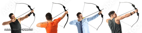 Man practicing archery on white background, collage. Banner design