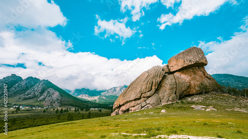 Turtle rock "Melkhii Khad" in Gorkhi Terelj National Park, Mongolia. July 2018.