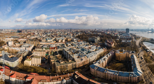 Panorama of Riga, Latvia from drone. City centre before sunset, daytime view. Classical architecture of Europe