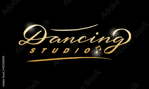 Vector illustration of dancing studio lettering with two notes for logo, advertisement, business card, signage, poster, product design. Handwritten creative text for web or print 