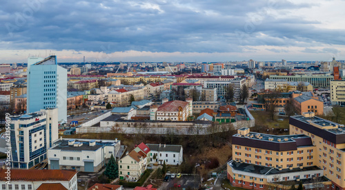View of the city from above. Residential area in Minsk. Aerial view from drone in winter day. Urban concept.