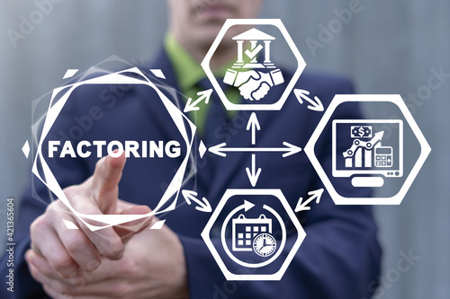 Factoring Business Finance Concept. Factor using virtual touch screen clicks on factoring word.